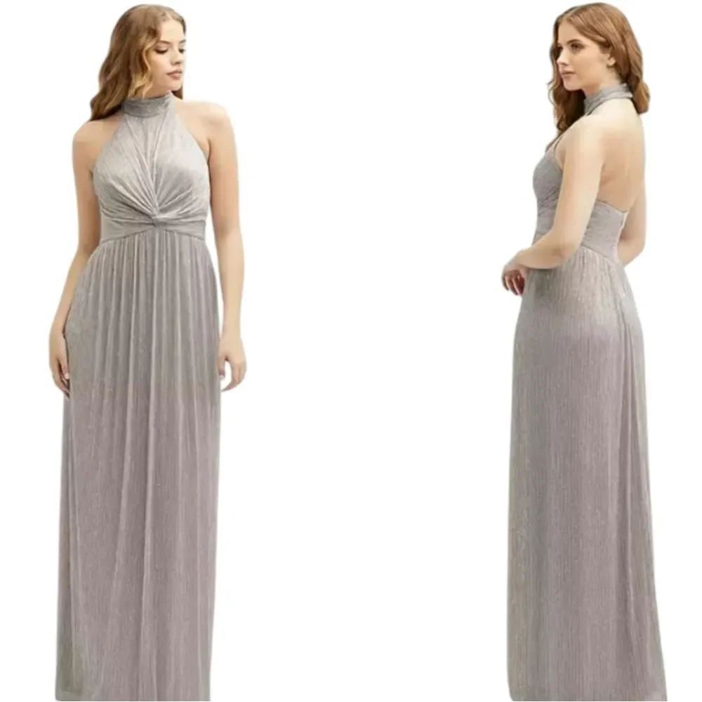 NWT After Six Collar Halter Open-Back Metallic Maxi Dress Metallic Taupe Silver